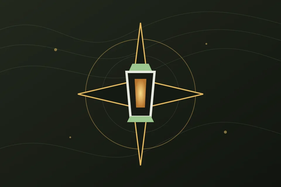An original lantern compass over hand-drawn island contour lines