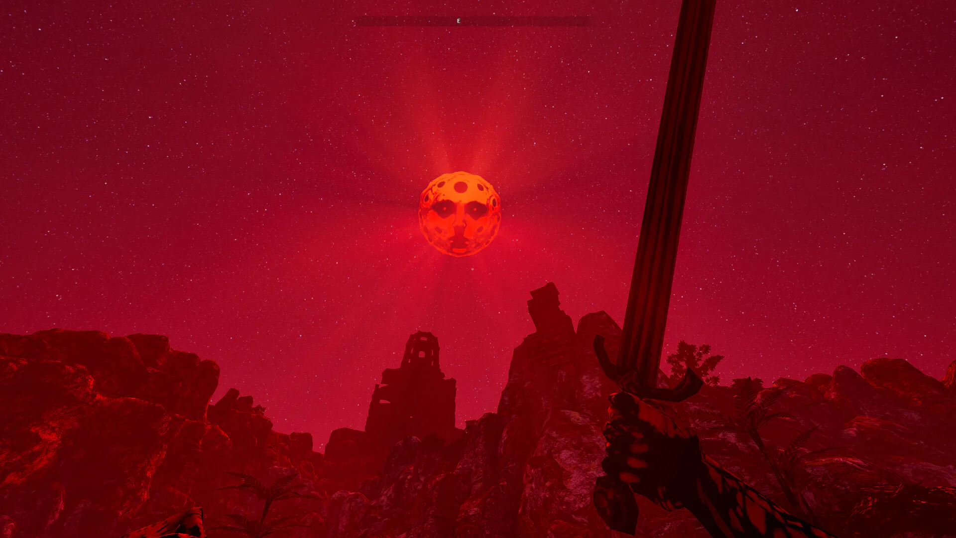 A red celestial skull above ruins in a first-person game scene
