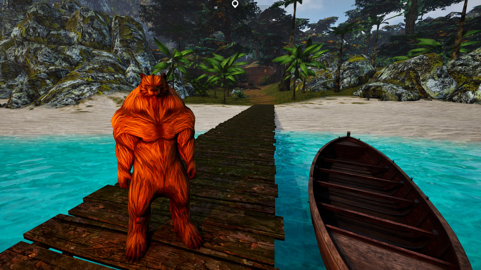 A bright orange, cat-like island inhabitant standing beside a dock