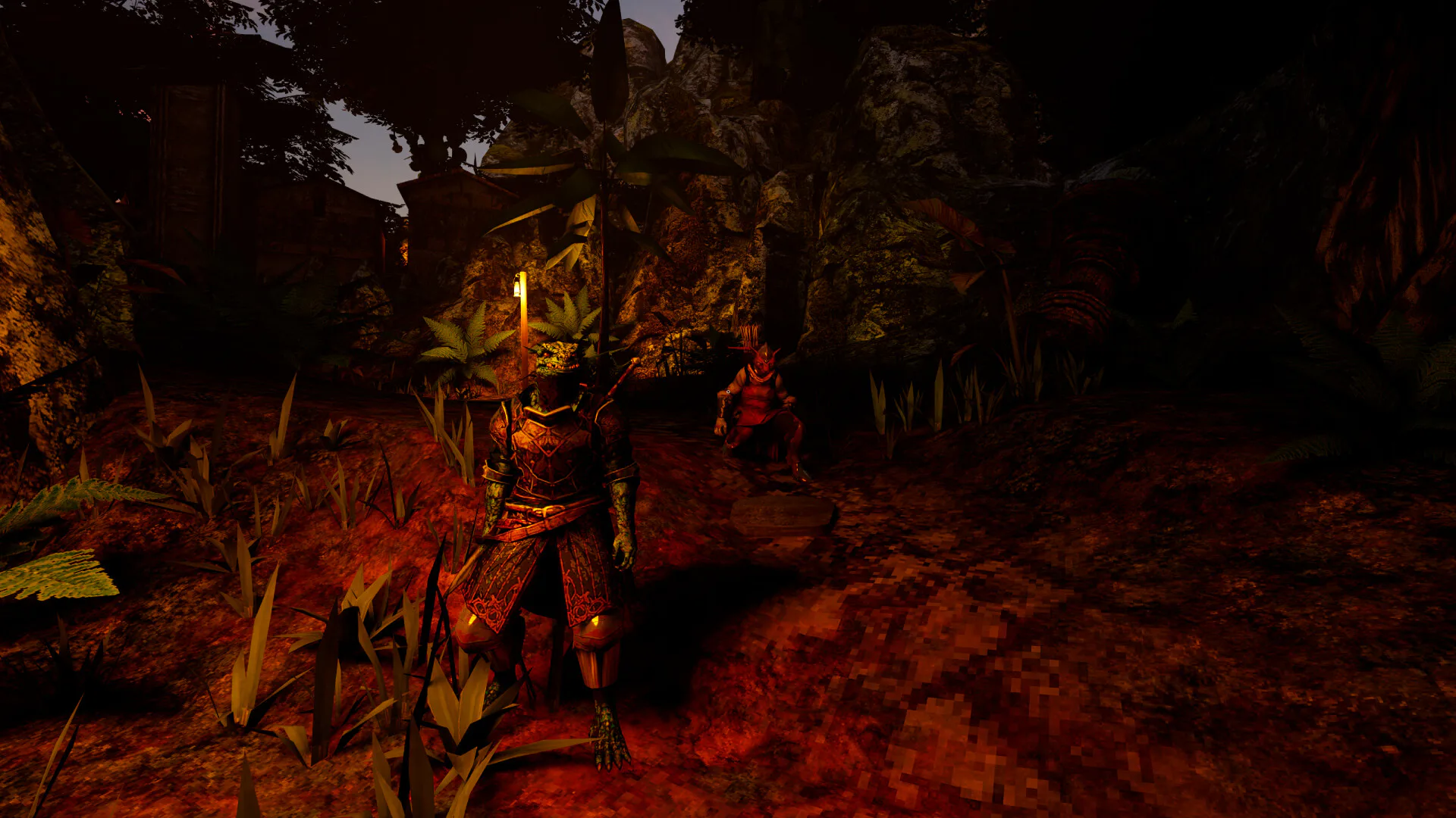 Two armored player characters exploring together at night
